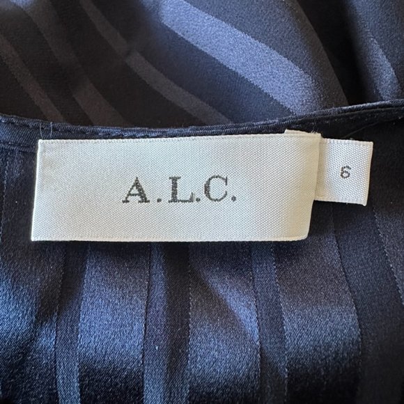 A.L.C. Navy Blue Tonal Stripe AVI 100% Silk Asymmetric Midi Maxi Dress Sz 6 - Picture 12 of 13